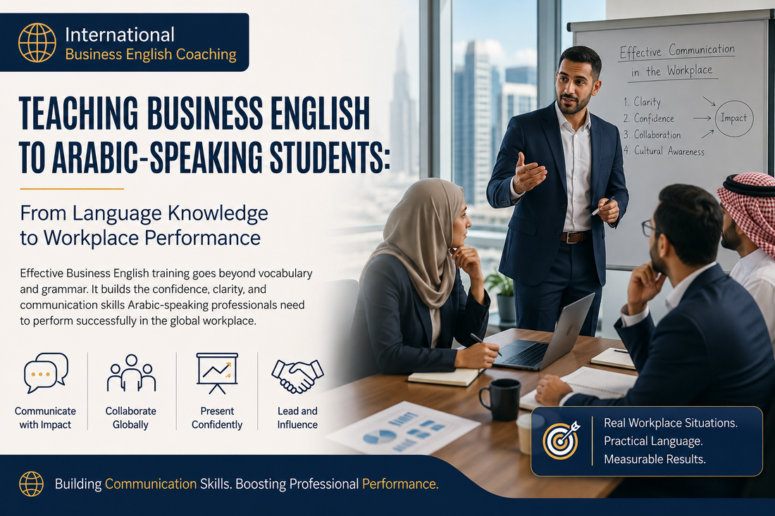 Business English coaching for Arabic-speaking professionals practising workplace communication, meetings, presentations, and leadership skills.