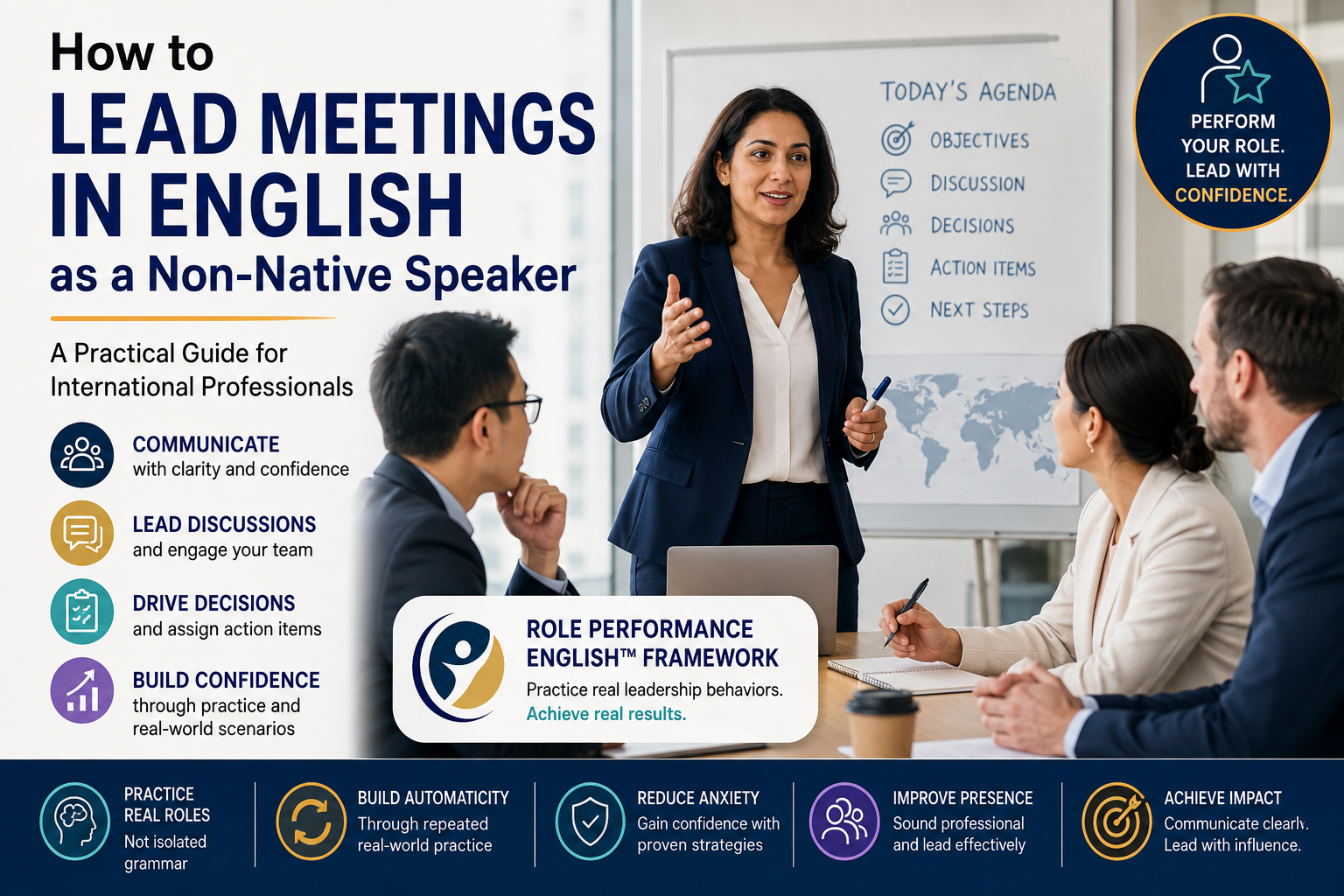 "International professional confidently leading a business meeting in English with colleagues in a modern corporate boardroom."