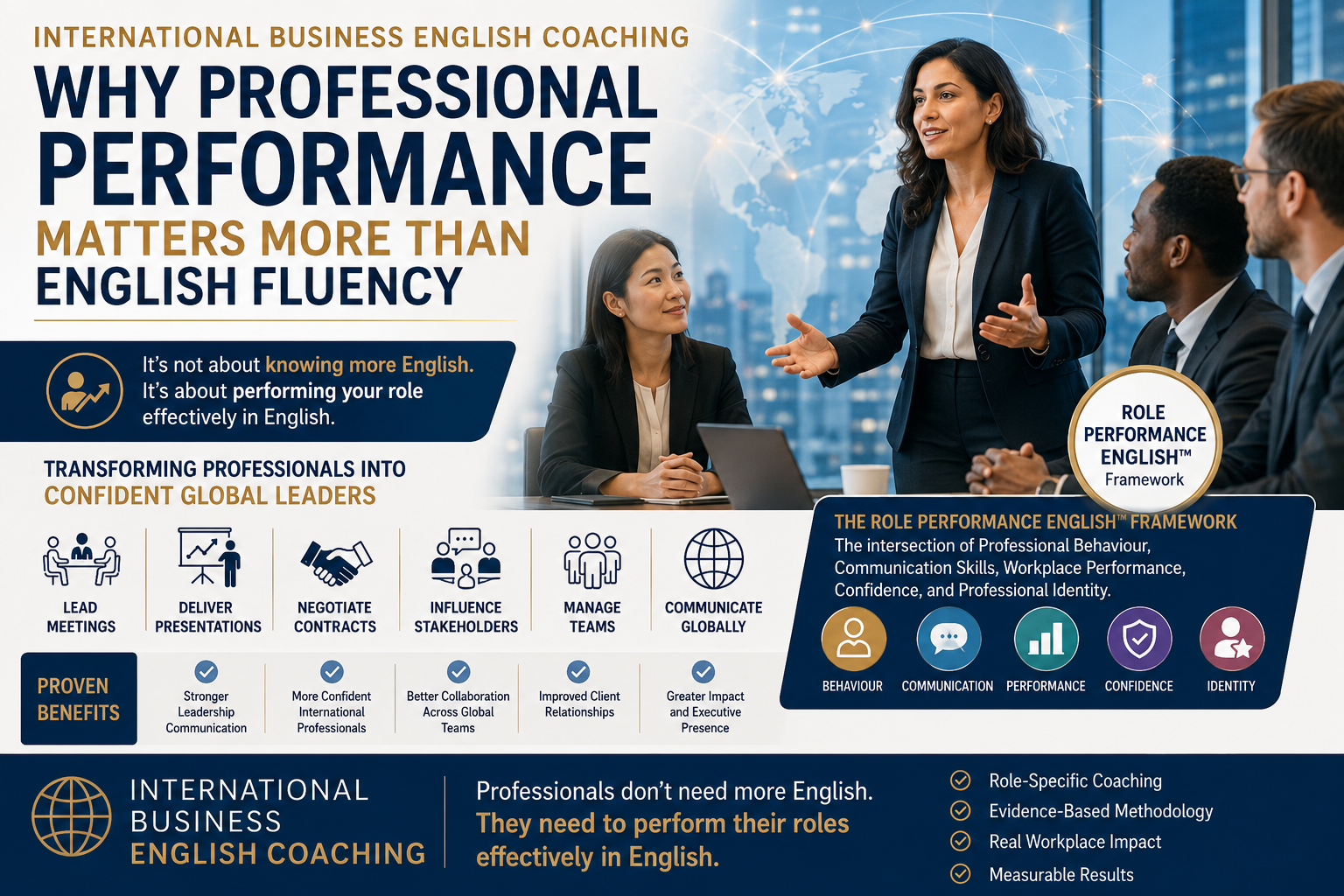 Confident Non-Native English speaking Professionals discussing International Business English Coaching | Role Performance English™