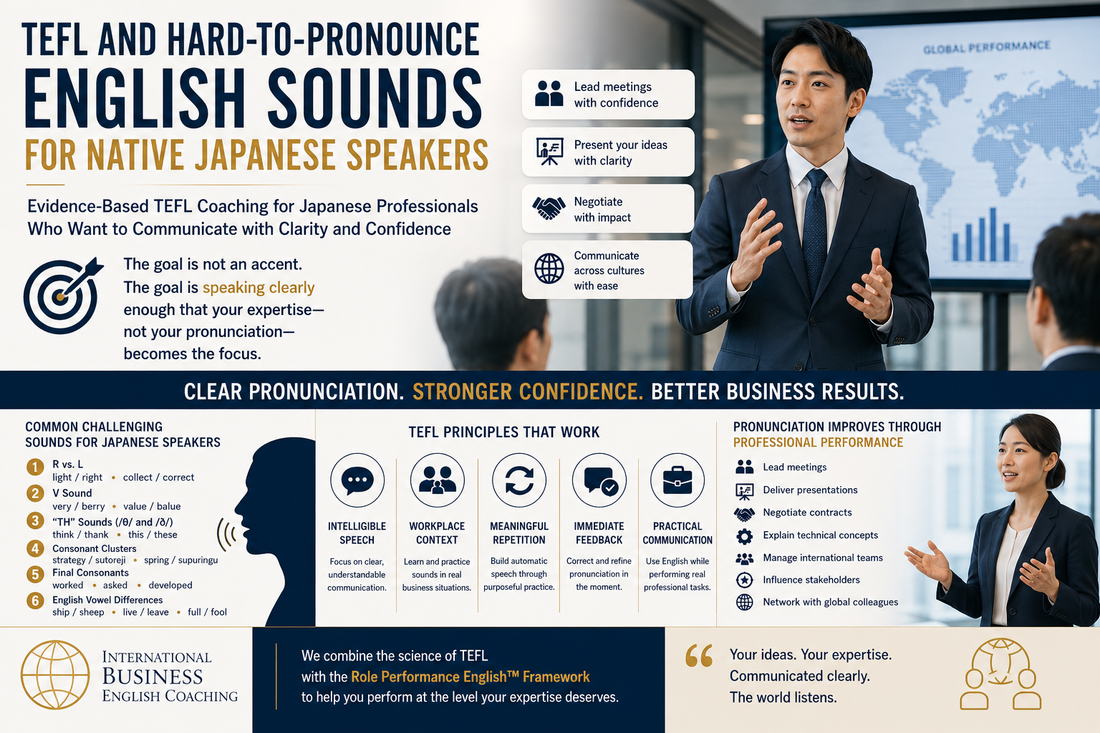 Confident Non-Native English speaking Professionals discussing TEFL and Hard-to-Pronounce English Sounds for Native Japanese Speakers