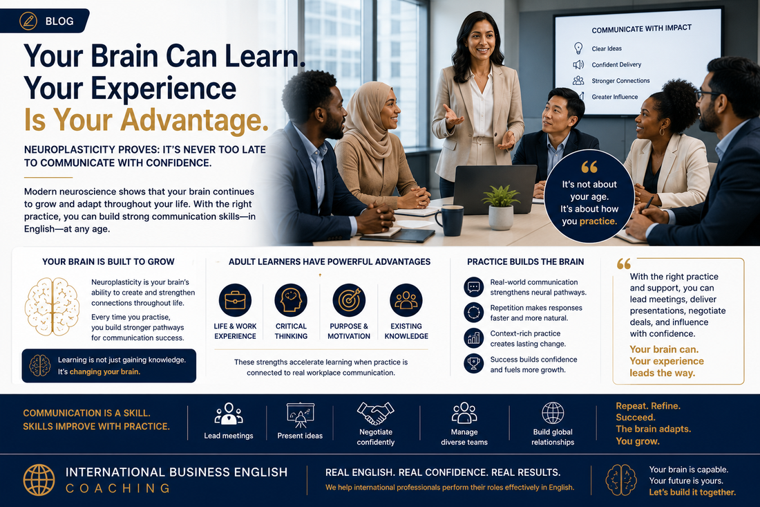 Confident Non-Native English speaking Professionals  discussing Neuroplasticity and Adult Language Learning:
