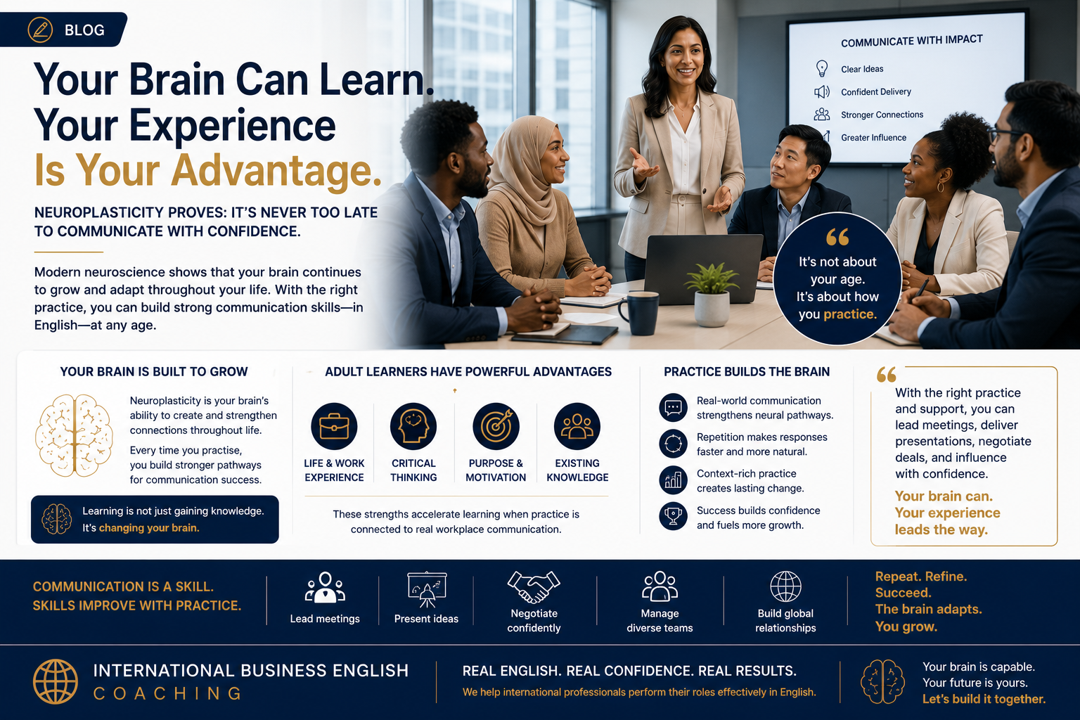 Confident Non-Native English speaking Professionals  discussing Neuroplasticity and Adult Language Learning: