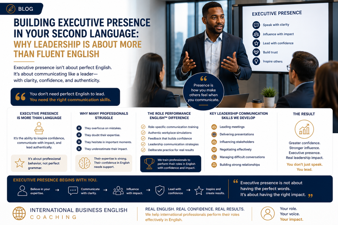 Confident Non-Native English speaking Professionals discussing Building Executive Presence in Your Second Language