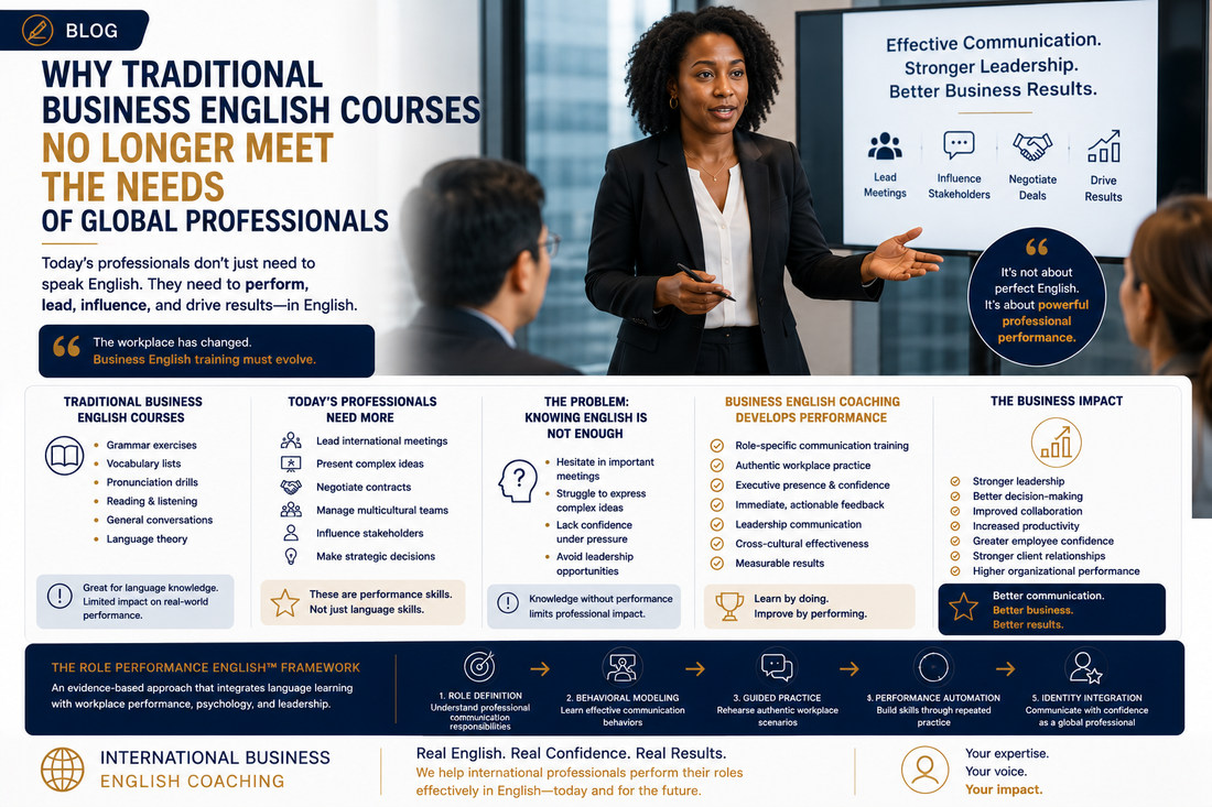 Confident Non-Native English speaking Professionals discussing Why Traditional Business English Courses No Longer Meet the Needs