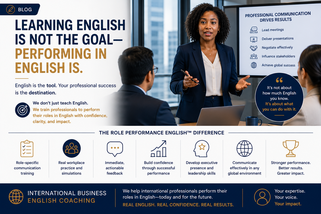 Confident Non-Native English speaking Professionals discussing Learning English Is Not the Goal—Performing in English Is: How TEFL Principles Help