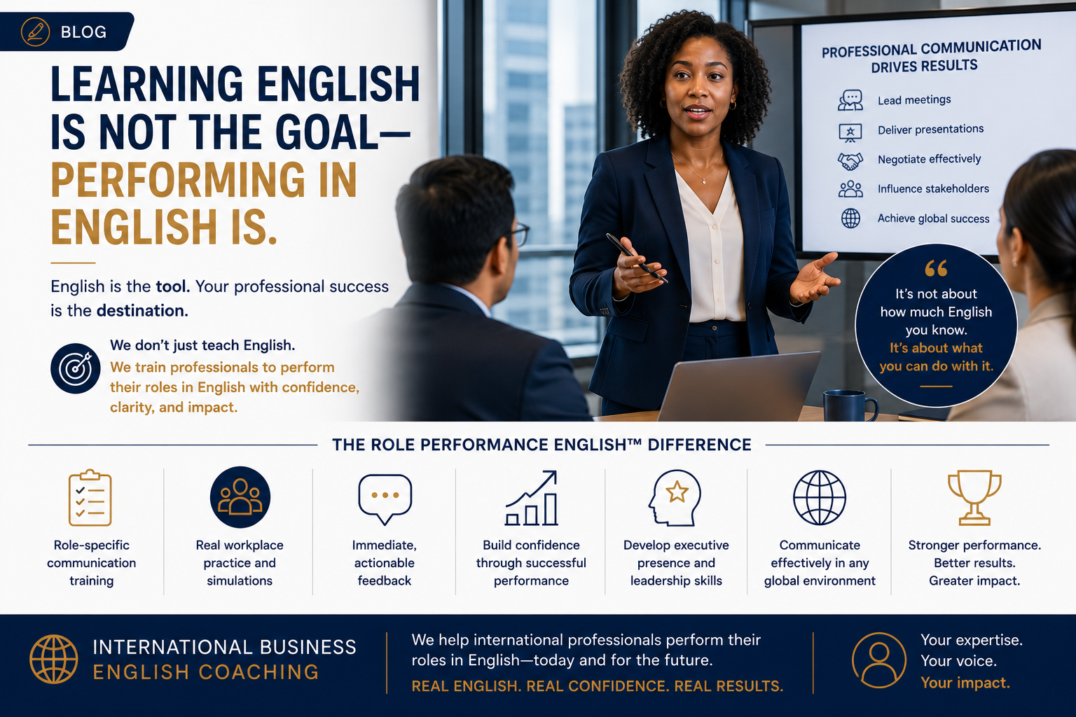 Confident Non-Native English speaking Professionals discussing Learning English Is Not the Goal—Performing in English Is: How TEFL Principles Help