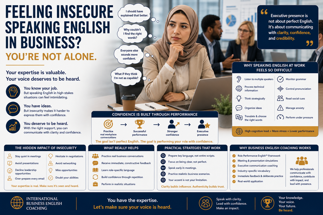 Confident Non-Native English speaking Professionals discussing Feeling Insecure Speaking English in Business? You're Not Alone