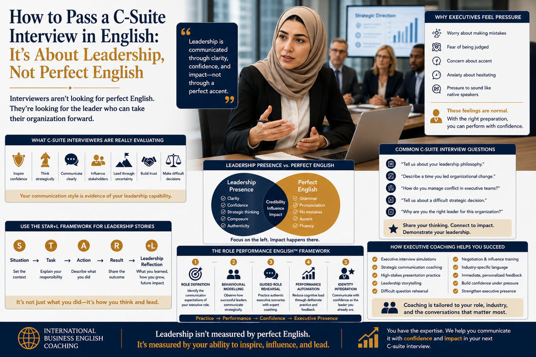Confident Non-Native English speaking Professionals discussing How to Pass a C-Suite Interview in English: