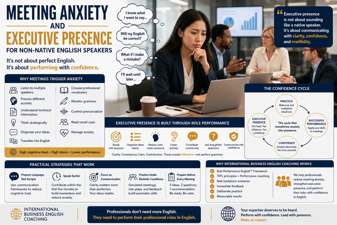 Confident non-native English-speaking executive participating in a corporate meeting with international colleagues, demonstrating executive presence despite meeting anxiety.