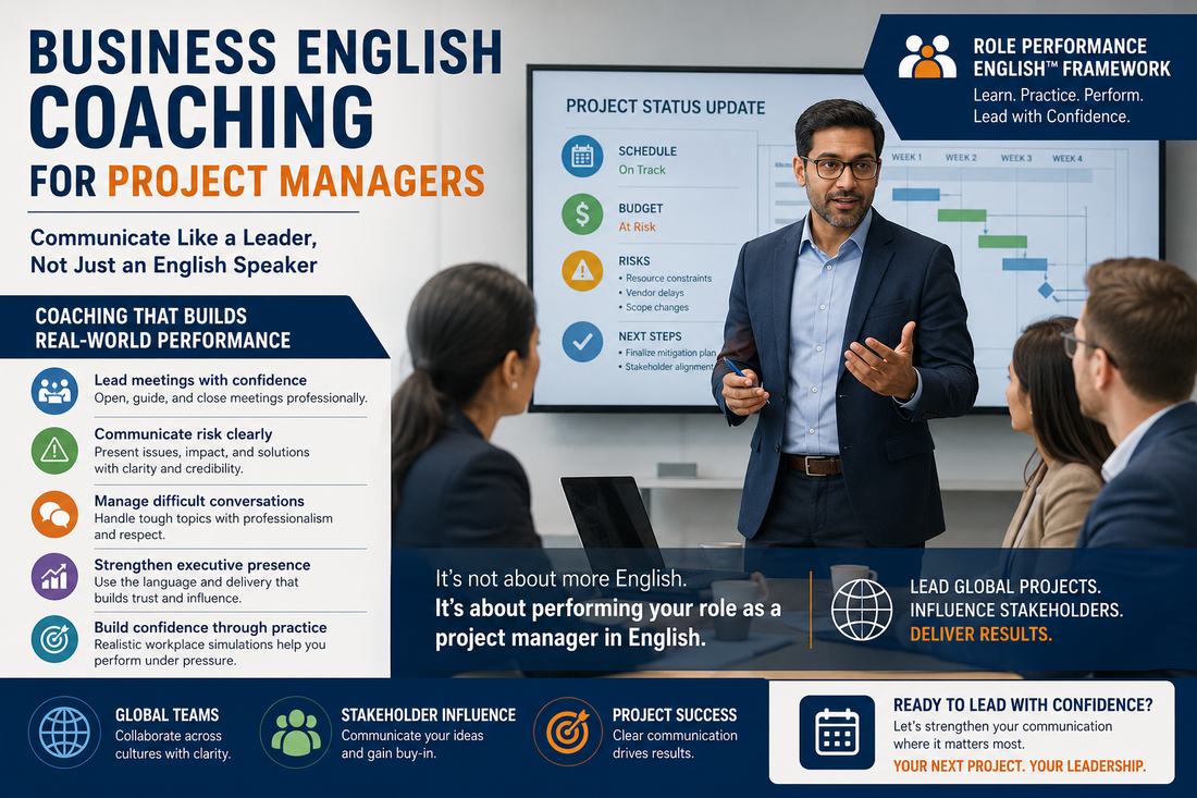Confident Non-Native English speaking Professionals discussing Business English Coaching for Project Managers