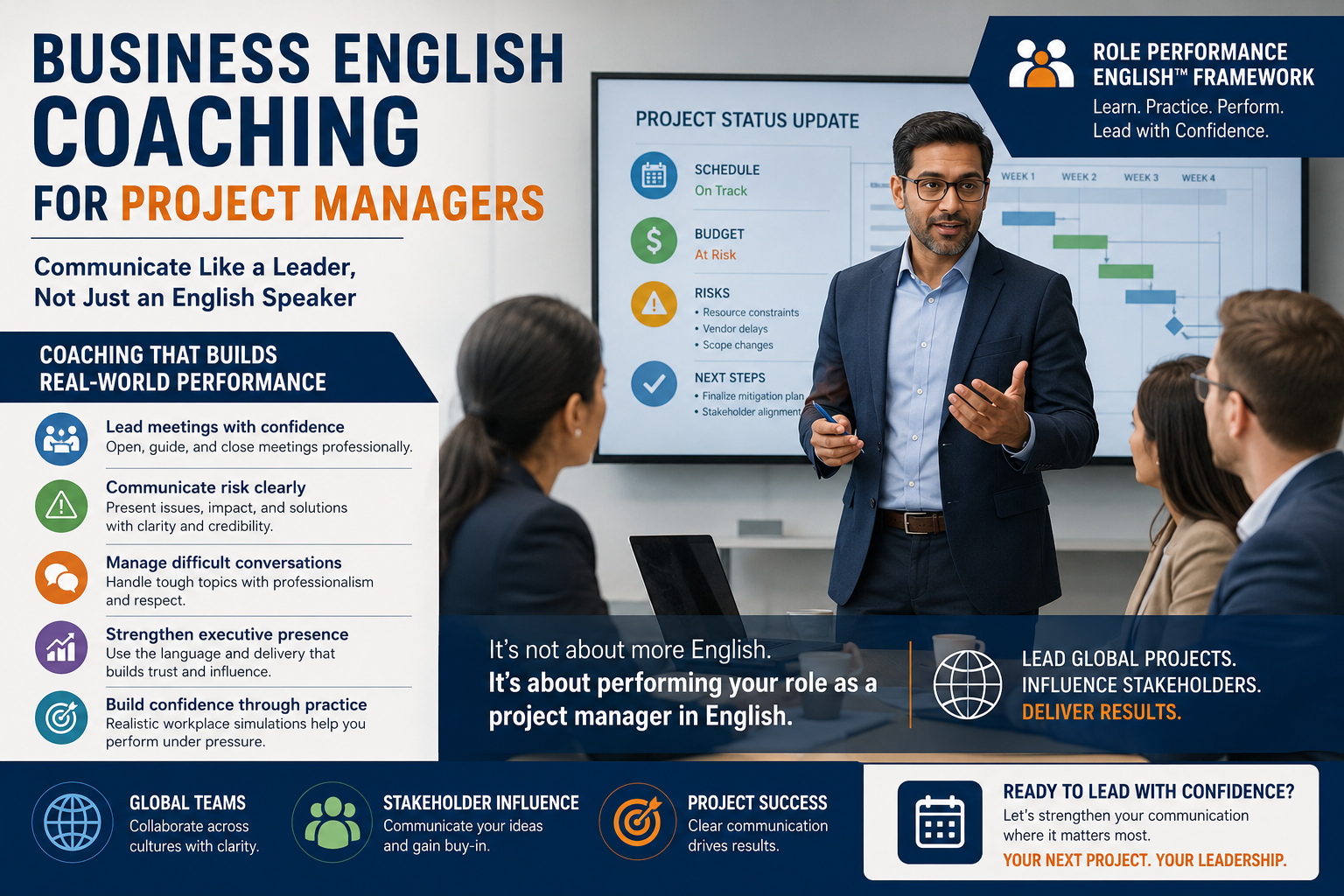 Confident Non-Native English speaking Professionals discussing Business English Coaching for Project Managers