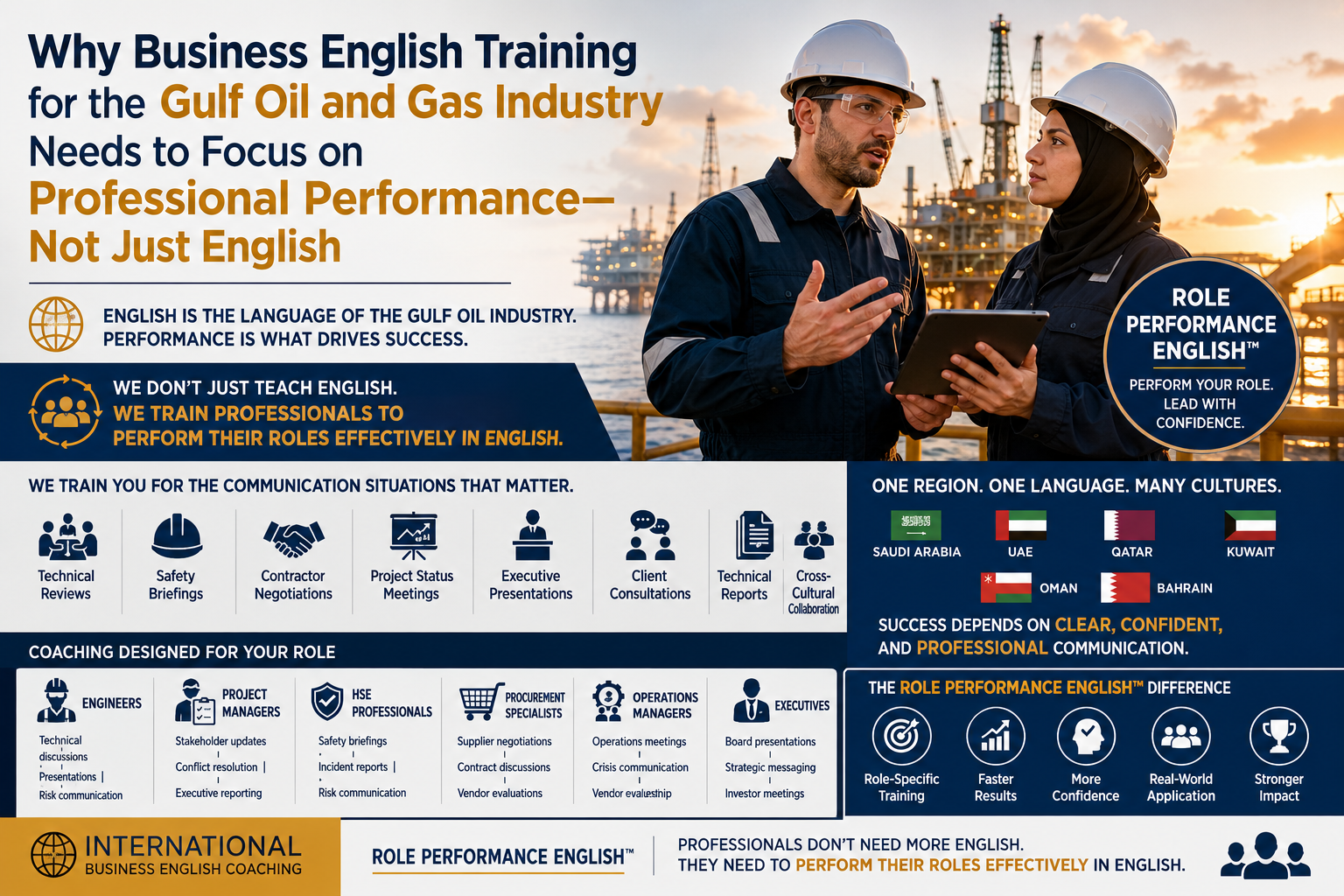 Confident Non-Native English speaking Professionals  discussing Business English Coaching for Gulf Oil & Gas Professionals